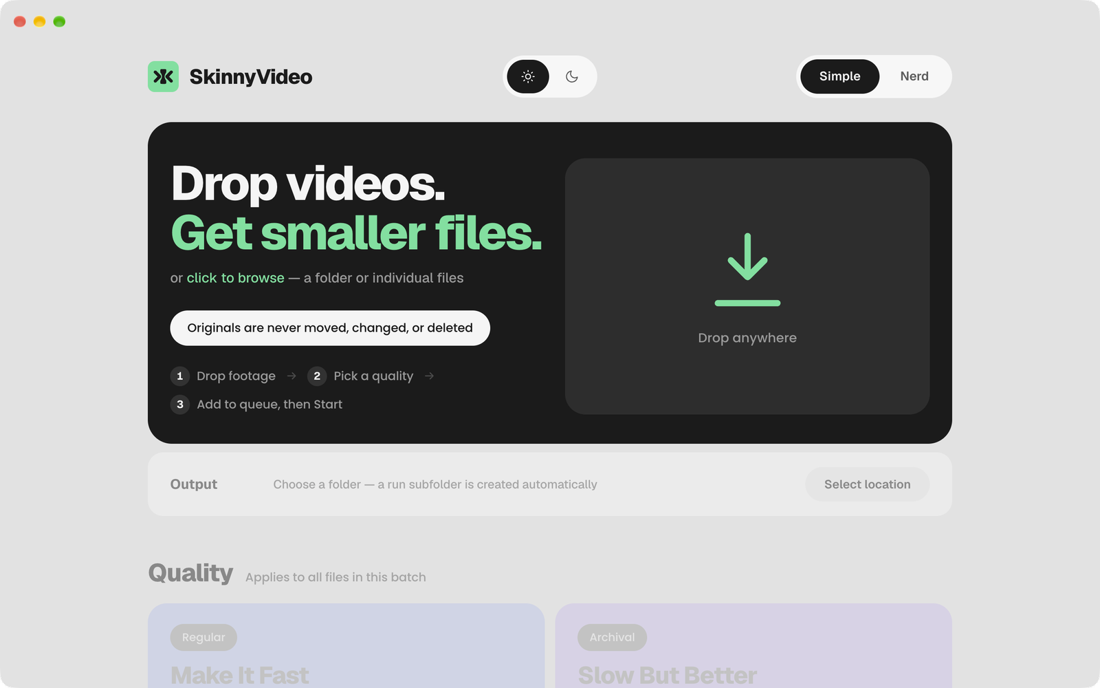 SkinnyVideo main window on a Mac, ready to batch-compress a folder of camera footage to HEVC